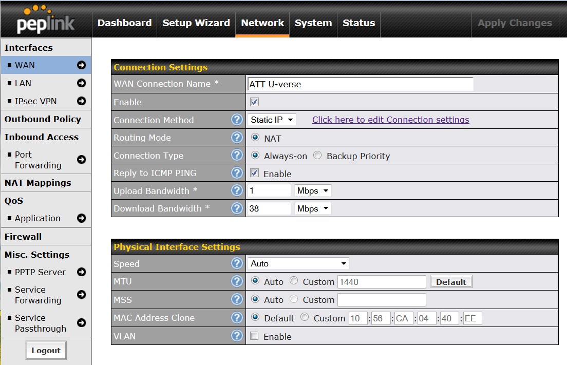 Peplink Balance 20 Connection Settings